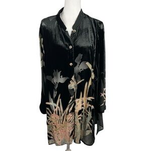 Black Velvet Burnout Sheer Floral Beaded Button Down Lagen Look Top Size Large